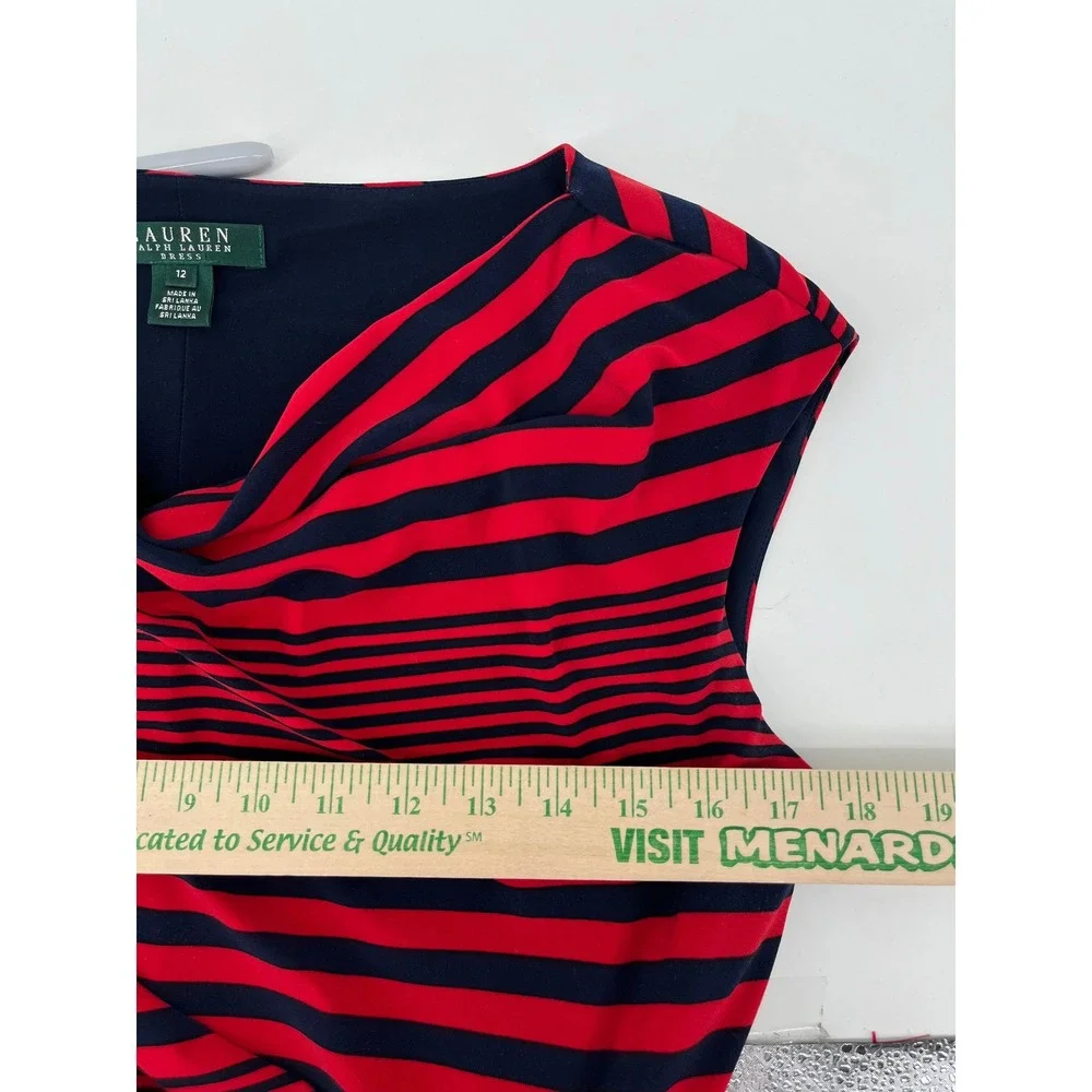 Lauren Ralph Lauren Red Navy Striped Cowl Neck Side Tie Sheath Dress 12 Slimming